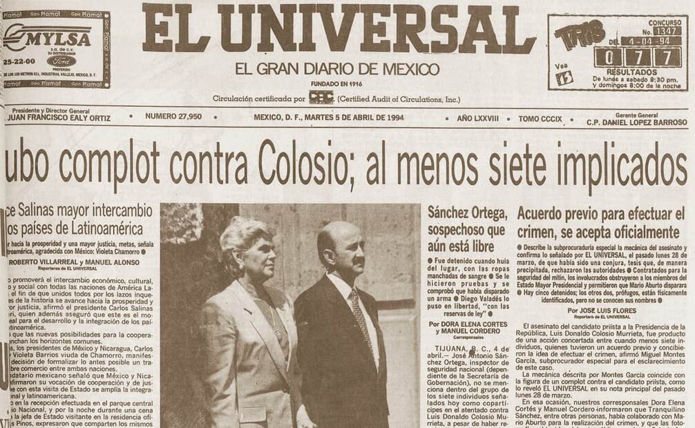 Plana de EL UNIVERSAL del 5 de abril de 1994, donde se confirma la línea de investigación por complot contra Luis Donaldo Colosio, tal como se adelantó por esta casa editorial el 28 de marzo del mismo año. Foto: Hemeroteca EL UNIVERSAL.