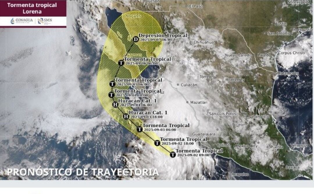 Conagua informa la posible trayectoria del ciclón "Lorena" que continúa su desplazamiento al noroeste de México (02/09/2025). Foto: Conagua