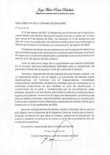 Carta de renuncia del ministro Jorge Mario Pardo Rebolledo. Foto: Especial