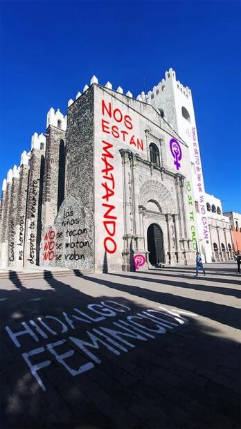 Protestan con pintas virtuales feministas en monumentos de Hidalgo