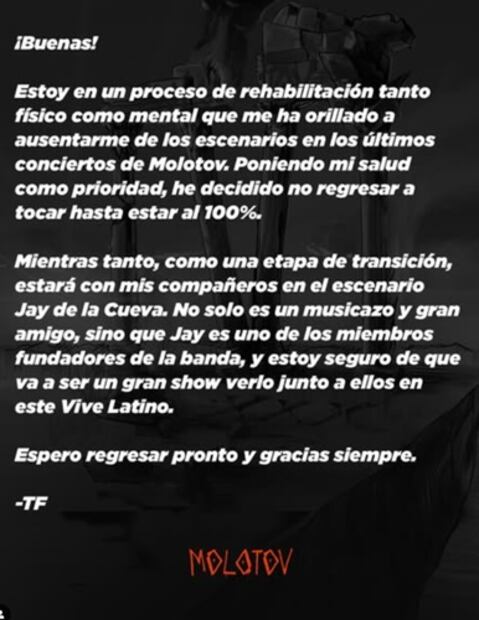 Este es el comunicado que, tanto Tito como la banda, publicaron en las redes sociales. Foto: Captura de pantalla.