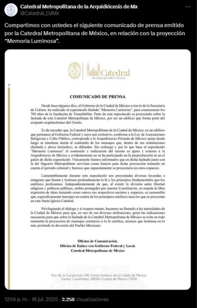Arquidiócesis de México se posiciona sobre videomaping en el Zócalo de la CDMX. Foto: captura de pantalla