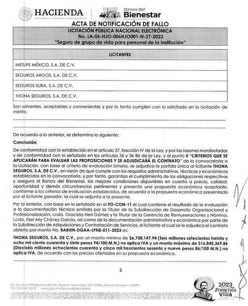El seguro deberá cubrir a un máximo de 9 mil 784 empleados del Banco del Bienestar. Foto: Especial