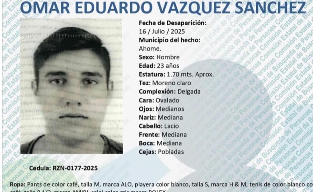 Ficha de búsqueda de Omar Eduardo Vázquez (22/07/2025). Foto: Especial