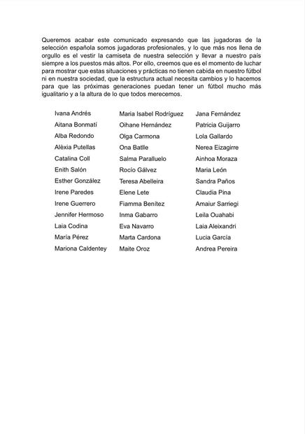 Comunicado jugadoras de la Selección Española / FOTO: @PressPortmx