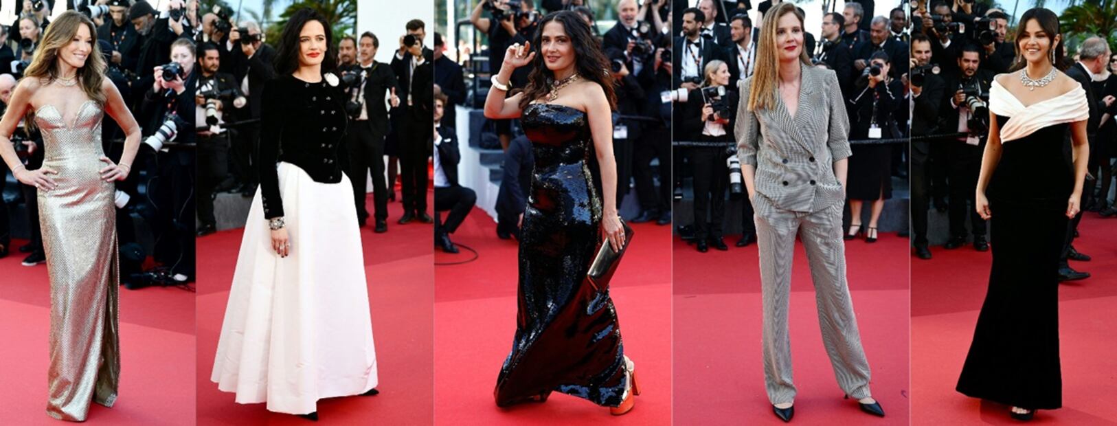 La modelo y músico franco-italiana Carla Bruni, la actriz francesa y miembro del jurado del 77º Festival de Cine de Cannes Eva Green, la actriz estadounidense-mexicana Salma Hayek, la película francesa La directora Justine Triet y la cantante y actriz estadounidense Selena Gómez. Foto:CHRISTOPHE SIMON and Sameer Al-Doumy / AFP.