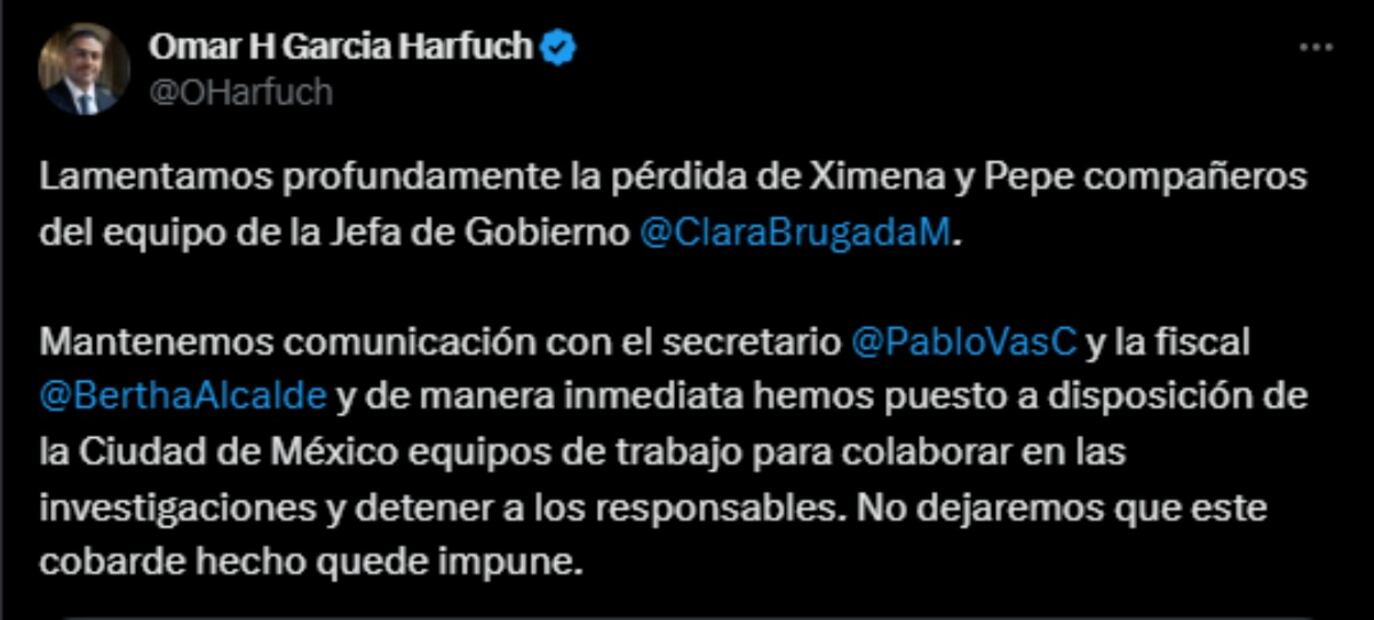 Omar García Harfuch, titular de la SSPC, lamentó el asesinato de Ximena Guzmán y José Muñoz. Foto: Captura de pantalla de la cuenta de X de @OHarfuch