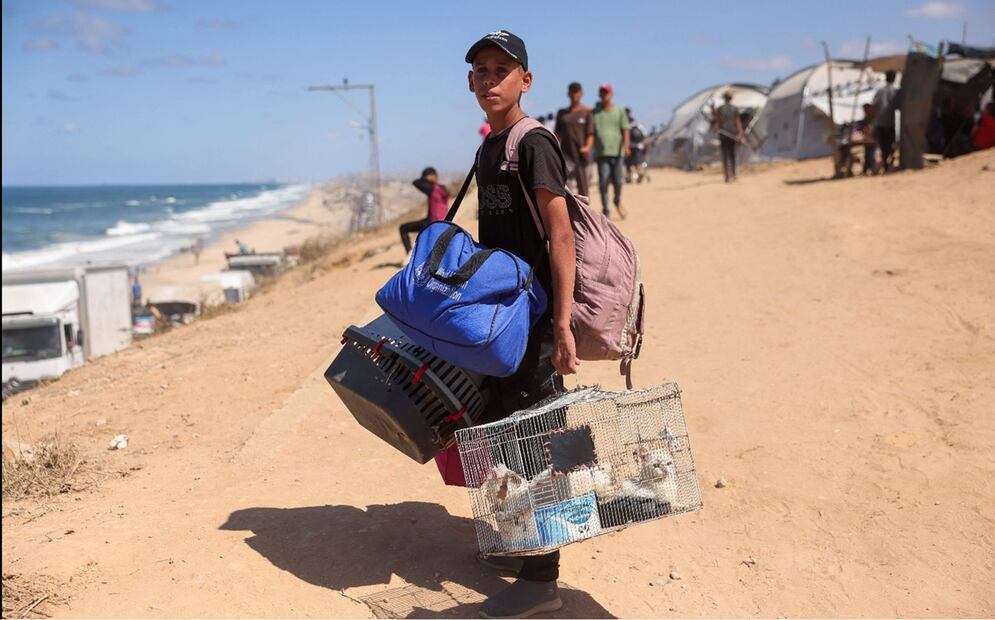 Un niño palestino carga algunas de sus pertenencias y animales por un sendero costero al noroeste del campo de refugiados de Nuseirat. Foto: AFP