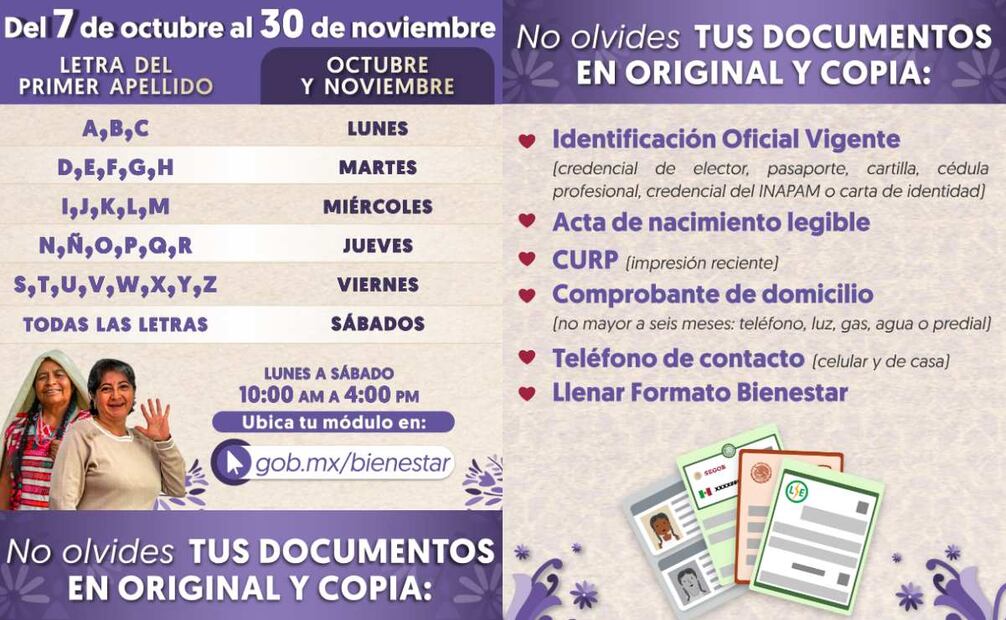 Registro Pensión Mujeres Bienestar del 7 de octubre al 30 de noviembre. Foto: X @avisosbienestar