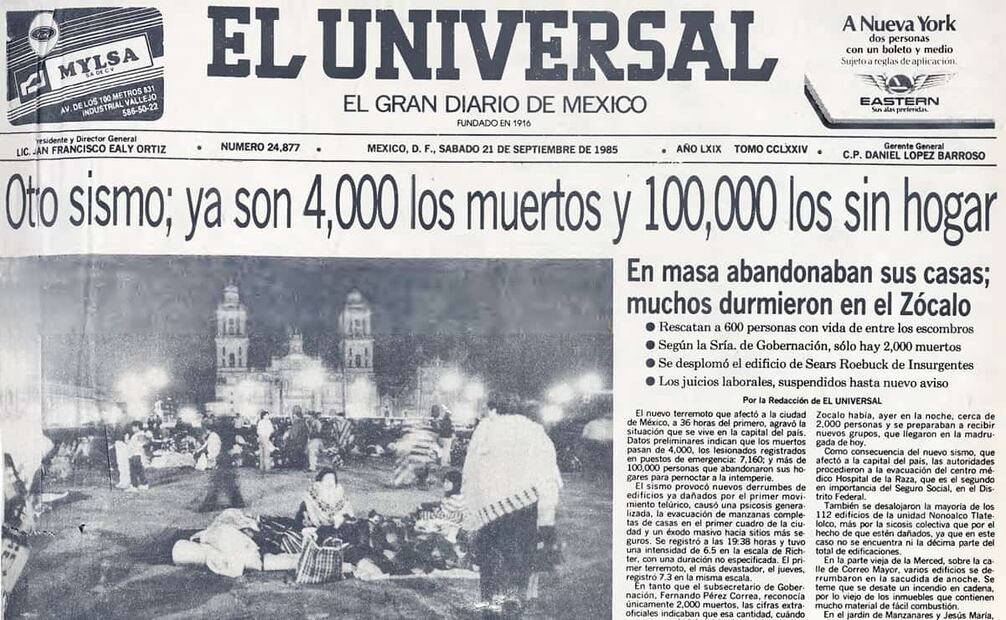 Plana de EL UNIVERSAL del 21 de septiembre de 1985. Para el 22 de septiembre, se registraron 18 réplicas de importancia, oscilando entre los 3.5 y 5.5 grados, junto con unos “centenares más, casi imperceptibles”. Foto: Hemeroteca EL UNIVERSAL.