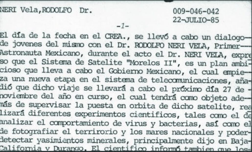 Documentos sobre el seguimiento que le dio la DFS a los trabajos y encuentros que realizó el astronauta Rodolfo Neri Vela sobre el entonces proyecto del Sistema de Satélites Morelos II