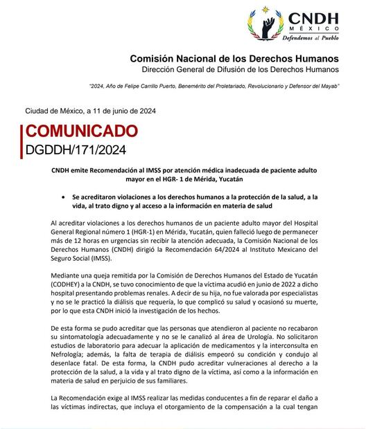 la CNDH expuso que se pudo acreditar violaciones a los derechos humanos al paciente adulto mayor. Foto: especial