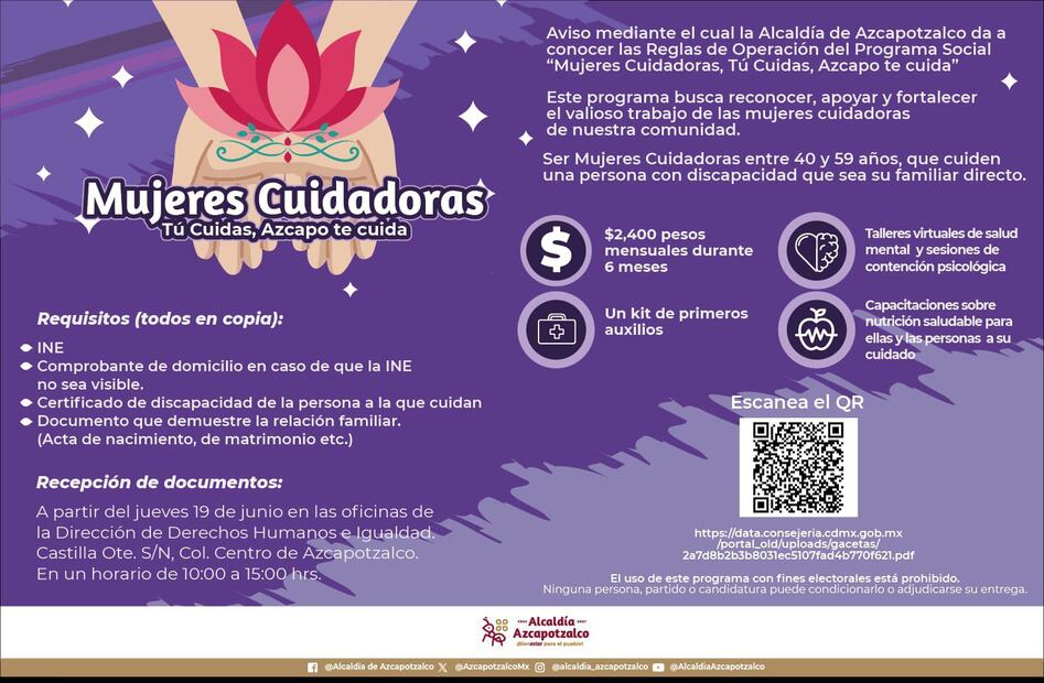 La Alcaldía Azcapotzalco lanzó un programa social que brinda a mujeres cuidadoras una pensión de seis meses, además de talleres especializados. 
Foto: Captura de pantalla en X