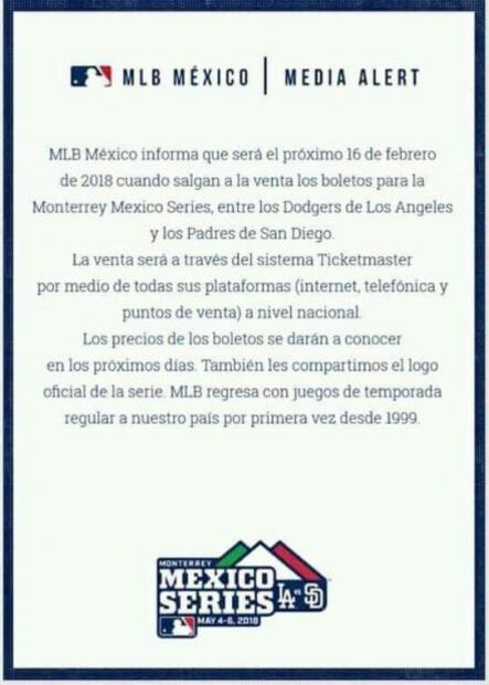 Anuncian venta de boletos para MLB en México