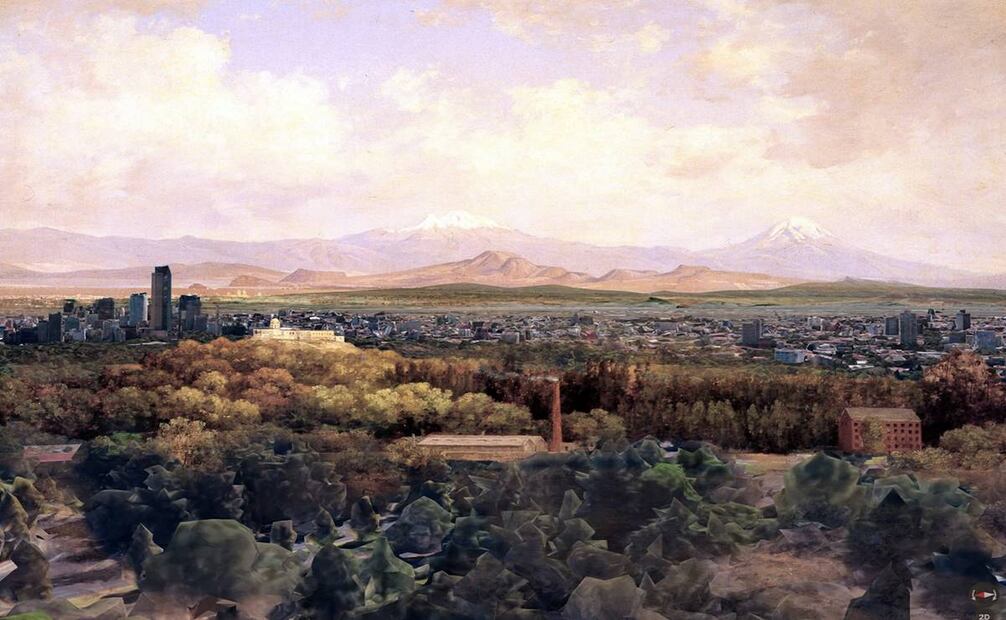 Contraste del cuadro de Velasco "Valle de México desde el Molino del Rey" (1898) y la urbanización que se ve desde el Anillo Periférico, a la altura del Bosque de Chapultepec. Imagen: Emiliano Bautista Neumann.