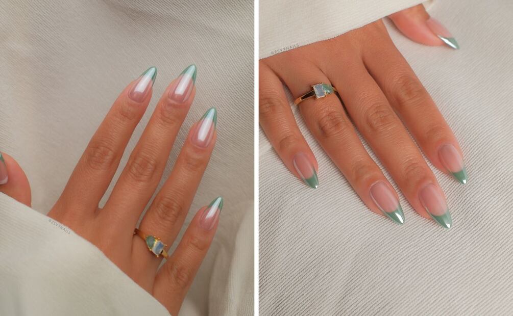 El estilo "matcha latte" en una manicura francesa con efecto glaseado. Foto: Especial. Instagram @esvynails