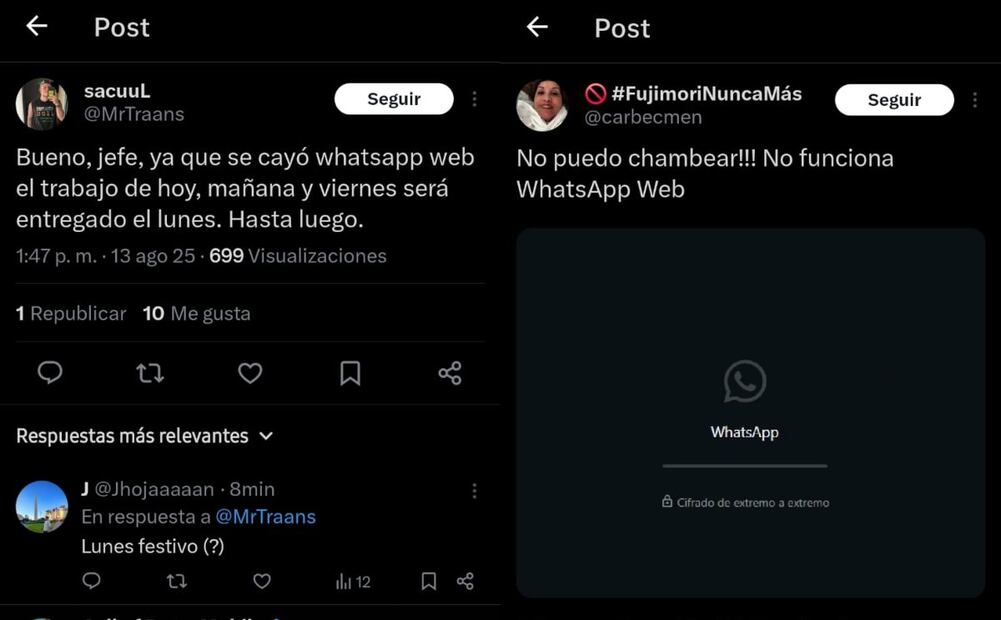 Usuarios reportan caída de WhatsApp Web. Imagen: captura de pantalla