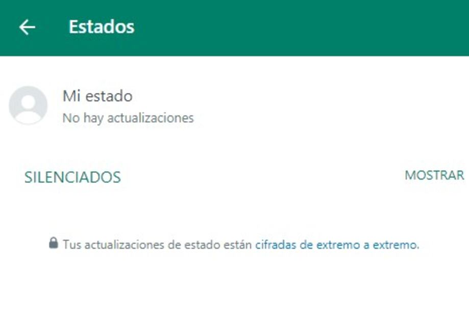 Así se muestran los estados silenciados en WhatsApp Web. Foto: Captura de pantalla / EL UNIVERSAL
