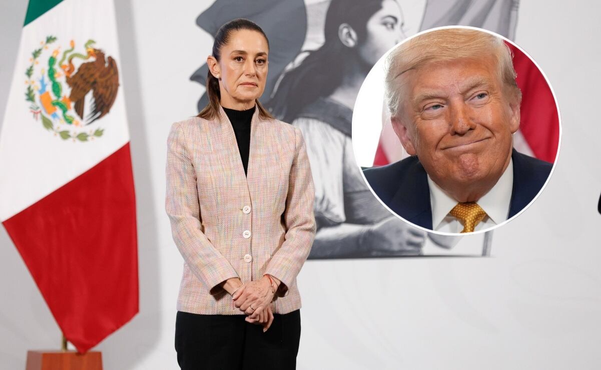 Claudia Sheinbaum, presidenta de México, durante la mañanera del 29 de julio del 2025 y el presidente de EU, Donald Trump. Fotos: Diego Simón / EL UNIVERSAL y AP.