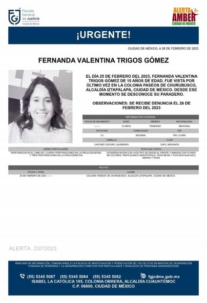 Buscan a Fernanda Valentina Trigos de 15 años; desapareció hace 3 días en Iztapalapa