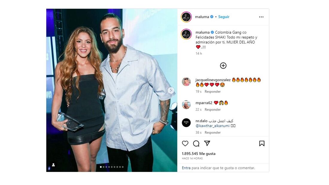 Maluma aplaudió el triunfo de Shakira. Foto: Instagram