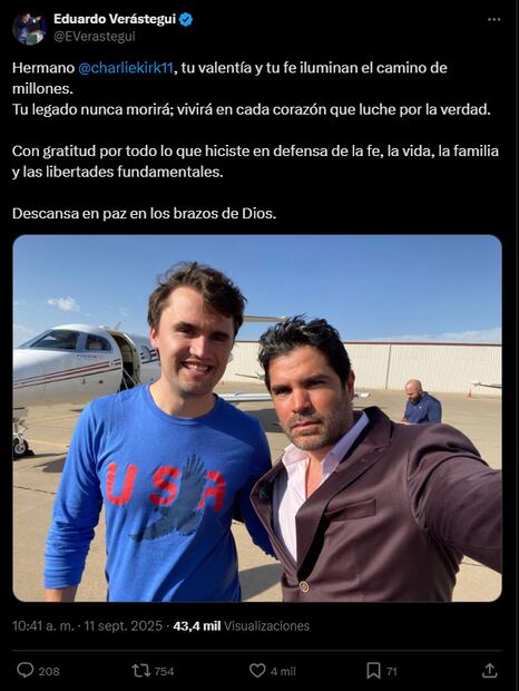 El activista político lamentó la muerte de Kirk. Foto: Redes Sociales