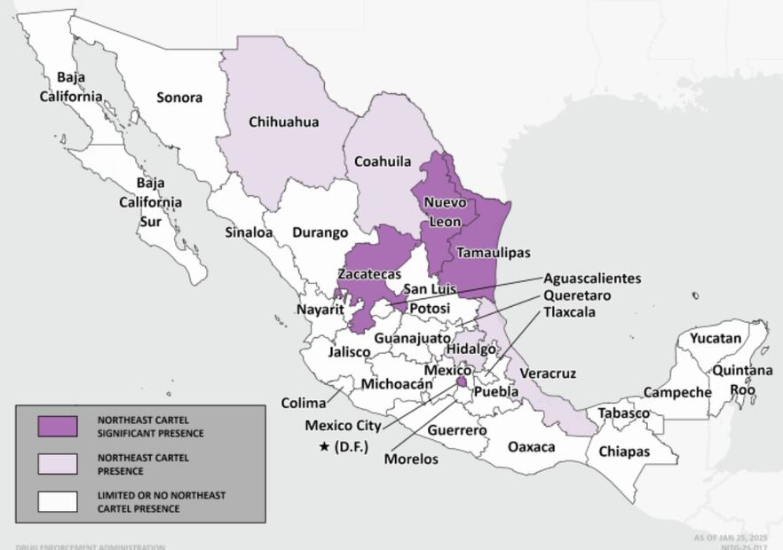 Cártel del Noreste, con bastiones en Nuevo León, Tamaulipas, Zacatecas y CDMX; opera en 8 estados. Foto: DEA