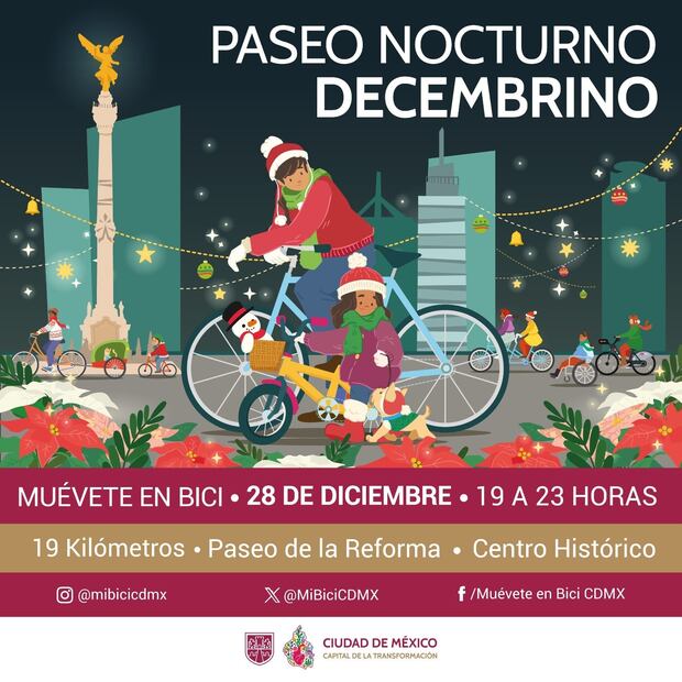 Esta será la última rodada nocturna del año. Foto: X @MiBiciCDMX