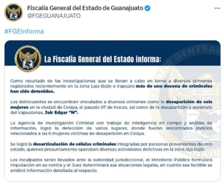 Células criminales de otro estado, responsables de la desaparición de seis mujeres en Celaya: FGE