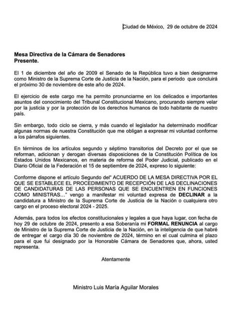 Carta de renuncia del ministro Luis María Aguilar Morales. Foto: Especial