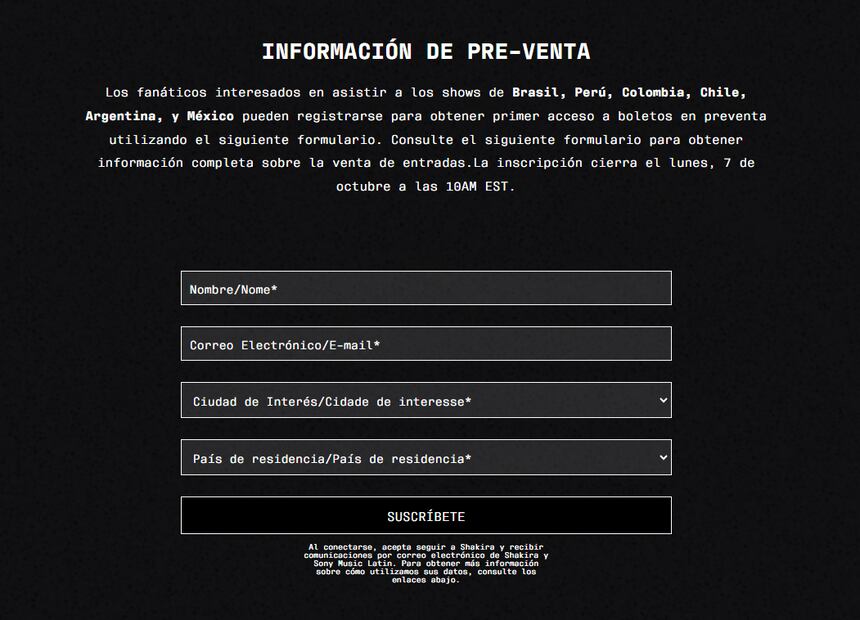 Para los fans de la colombiana que tengan su registro previo en su página oficial, habrá una preventa especial. Foto: shakira.com