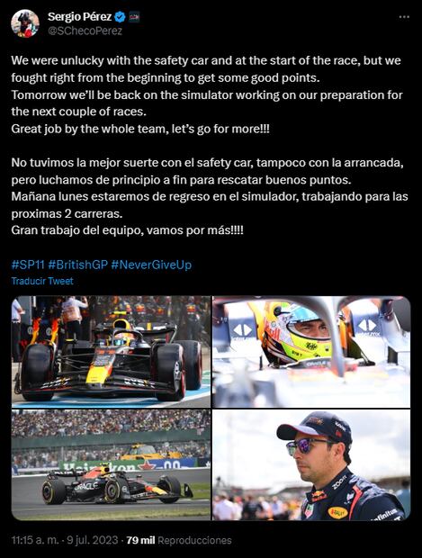 Checo Pérez lanzó un mensaje tras el GP de Gran Bretaña