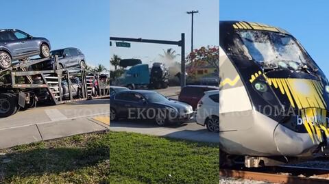 En video: Tren parte a la mitad camión con autos de lujo