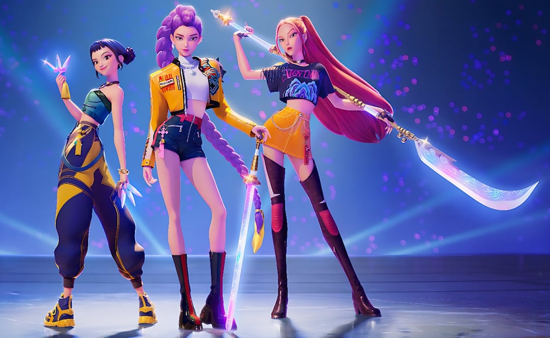 Fotograma cedido por Netflix donde aparecen los personajes (de i a d) Zoey, Rumi y Mira de la serie de animación "KPop Demon Hunters" ('Las guerreras k-pop').