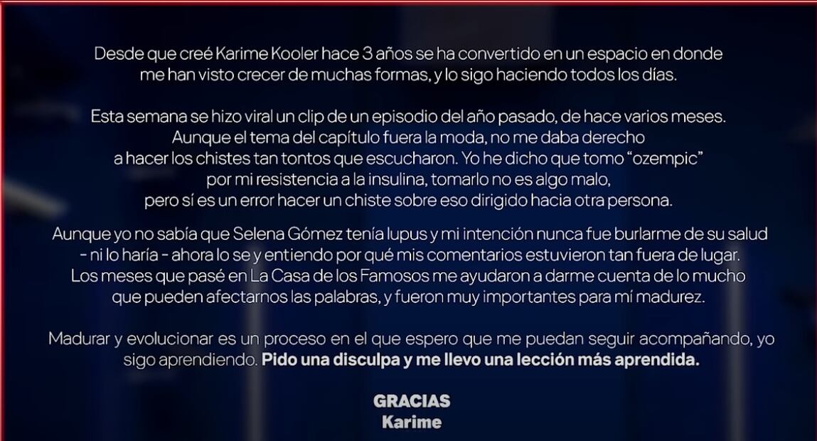 Comunicado de Karime Pindter en su reciente episodio del podcast. Foto: Youtube.