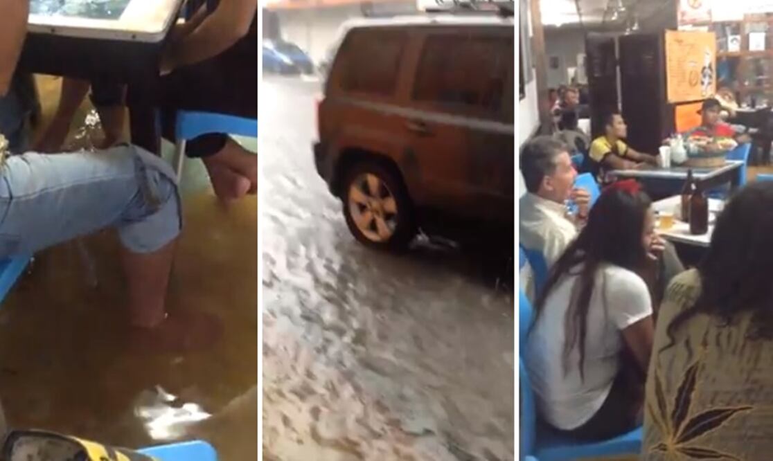 Ante la inundación de una cantina, algunos clientes solamente se quitaron los zapatos para que no se les mojaran. Fotos: Captura de video