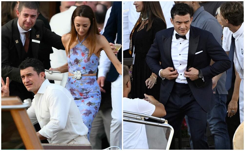 El actor británico Orlando Bloom y su acompañante suben a un taxi acuático en el Hotel Gritti Palace antes de la boda del fundador de Amazon, Jeff Bezos, con Lauren Sanchez en Venecia. (Foto de Marco BERTORELLO / AFP)