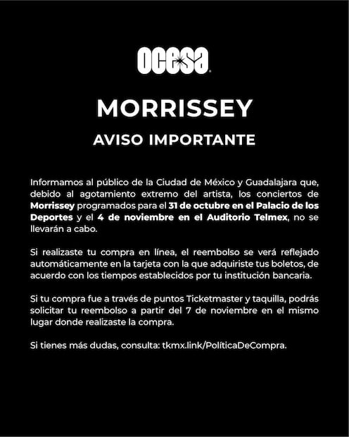 Morrissey cancela conciertos en CDMX y en Monterrey.