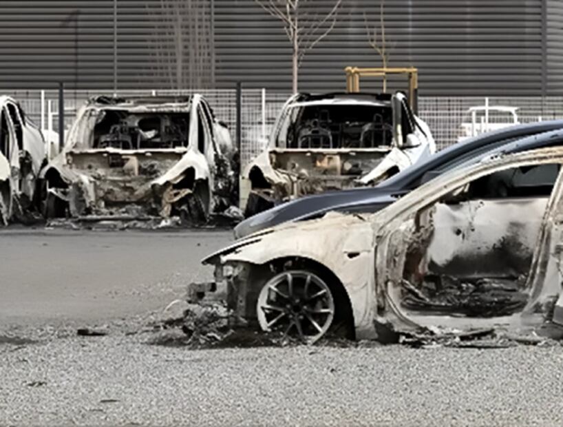 Vehículos Tesla vandalizados en una concesionaria en EU. FOTO: CAPTURA
