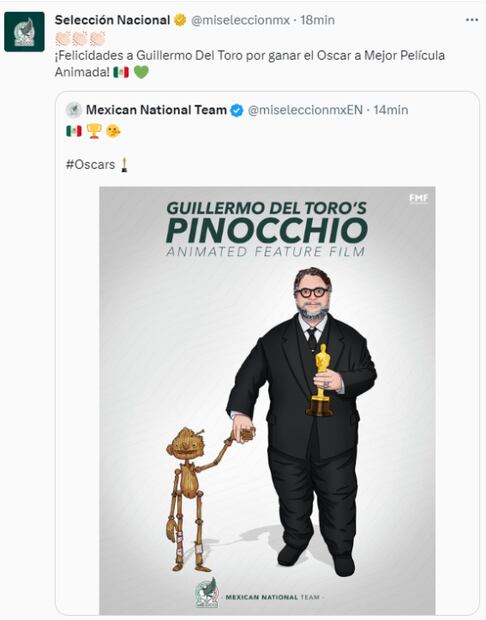 Guillermo del Toro recibe felicitación de la Selección Mexicana tras ganar el Oscar por Pinocho