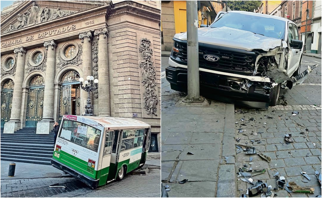 La camioneta donde iban los policías se estrelló con un poste y un microbús quedó arriba de la banqueta. FotoS: Berenice Fregoso / EL UNIVERSAL