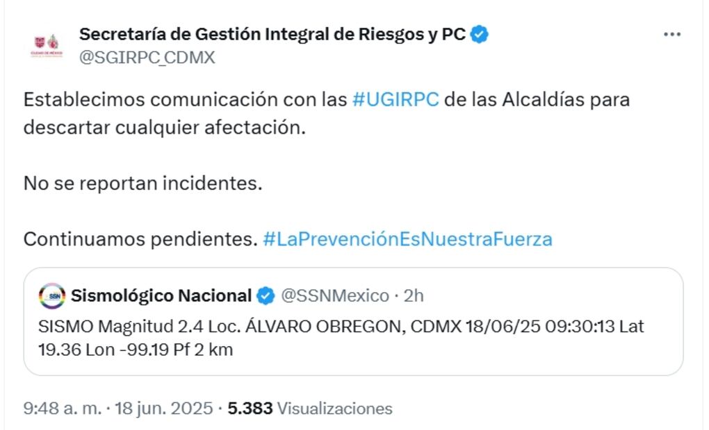 Secretaría de Gestión Integral de Riesgos y Protección Civil. Fuente: X