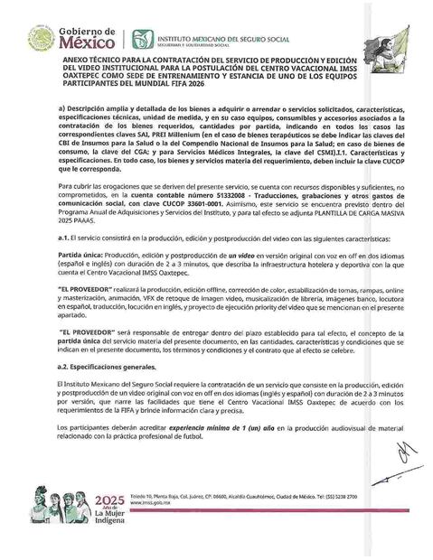 El Seguro Social indica en su contrato que la empresa deberá describir detalladamente las características del Centro Vacacional Oaxtepec, en Morelos.