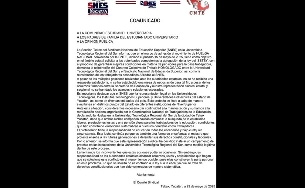 Comunicado de los trabajadores del Sindicato Nacional de Educación Superior (SNES) Yucatán (30/05/2025). Foto: Especial