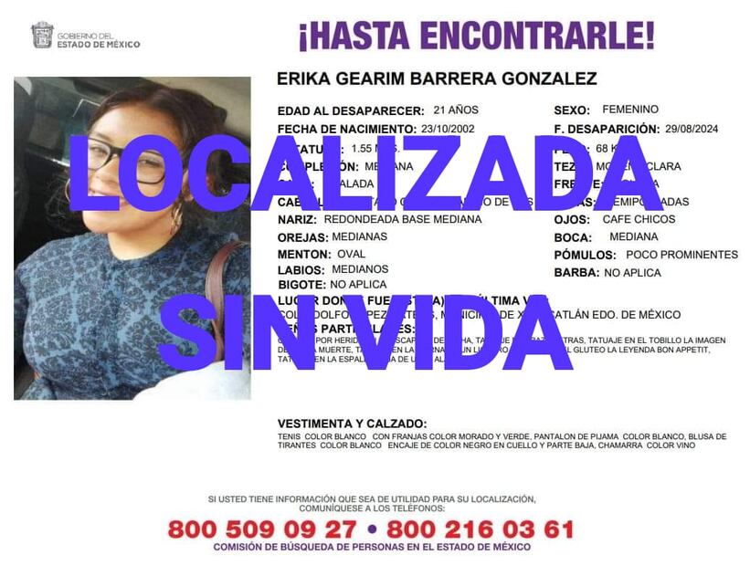 Erika fue reportada como desaparecida en Xonacatlán. Pudo ser reconocida por sus familiares gracias a los tatuajes que tenía en varias partes del cuerpo y a la ropa que vestía. (Foto: especial)