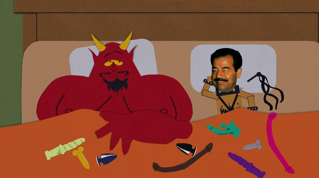 En la película de 1999 de South Park el expresidente irakí, Saddam Hussein, mantenía una relación tóxica con Satán. Foto: X