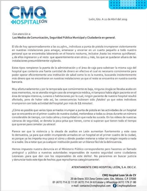 Hombres armados asaltan hospital en Guanajuato