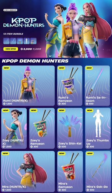 Precios oficiales de las nuevas skins y accesorios exclusivos de K-Pop Demon Hunters en Fortnite. Foto: Redes Sociales