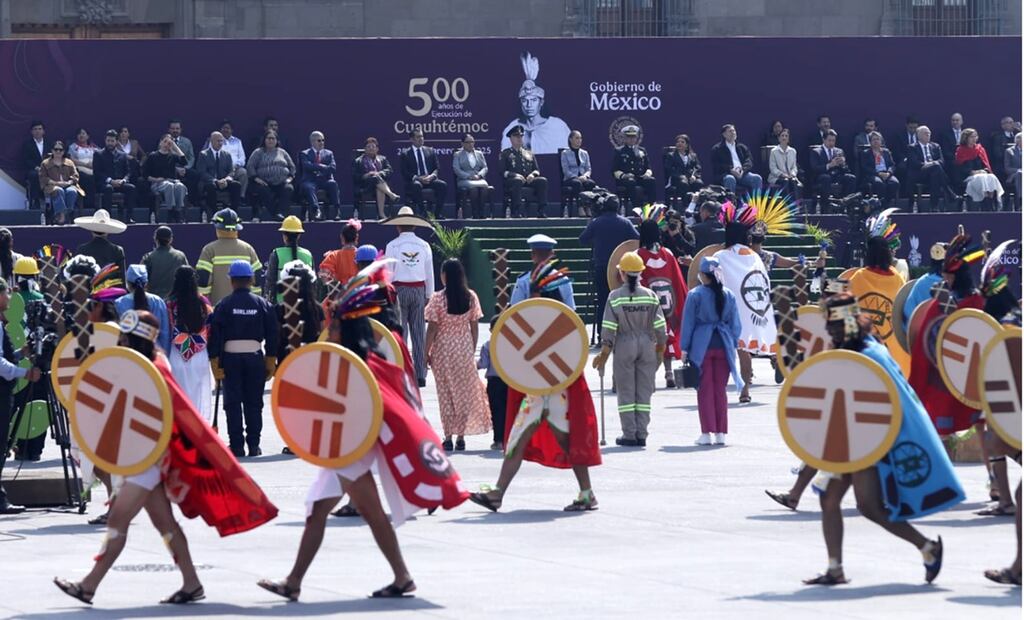 La presidenta Claudia Sheinbaum encabeza en el Zócalo de la Ciudad de México, el 28 de febrero de 2025, los funerales de Estado en Conmemoración de los 500 años de la ejecución de Cuauhtémoc. Foto: Fernanda Rojas/EL UNIVERSAL