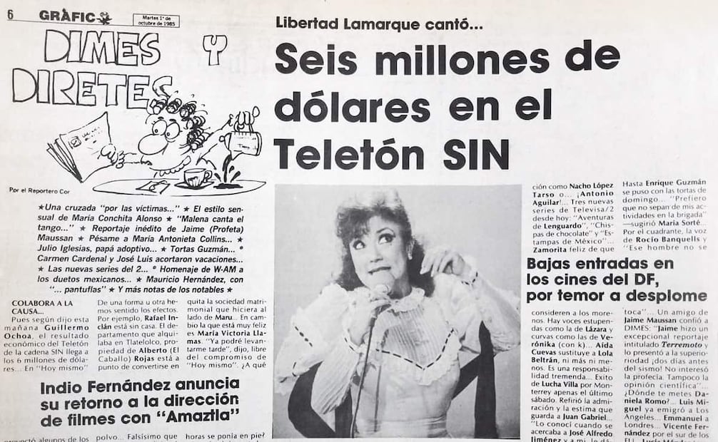 Para el primero de octubre de 1985, EL UNIVERSAL GRÁFICO ubicó las ganancias del telemaratón estadounidense en 6 millones de dólares, dato que días después se ajustó a 5 millones 200 mil. Foto: Hemeroteca EL UNIVERSAL.